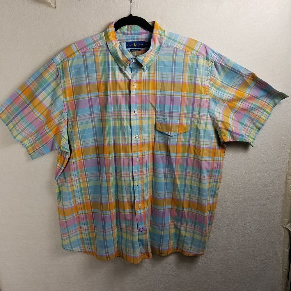 Ralph Lauren Beach Twill Shirt Men's 2XLB Tall Multicolor Plaid Button short slv